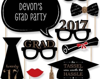 2017 Graduation Photo Booth Props - Gold Photobooth Kit with Custom Talk Bubble for Graduation Parties - Graduation Party 20 Piece Set