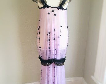 1920s Antique Beaded Tulle Flapper Dress Size M/L