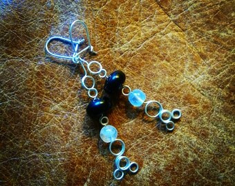 Moonstone and onyx silver wire handmade earrings