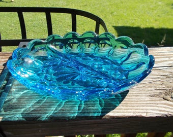 Vintage Bright Blue Colored Glass Divided Candy Dish