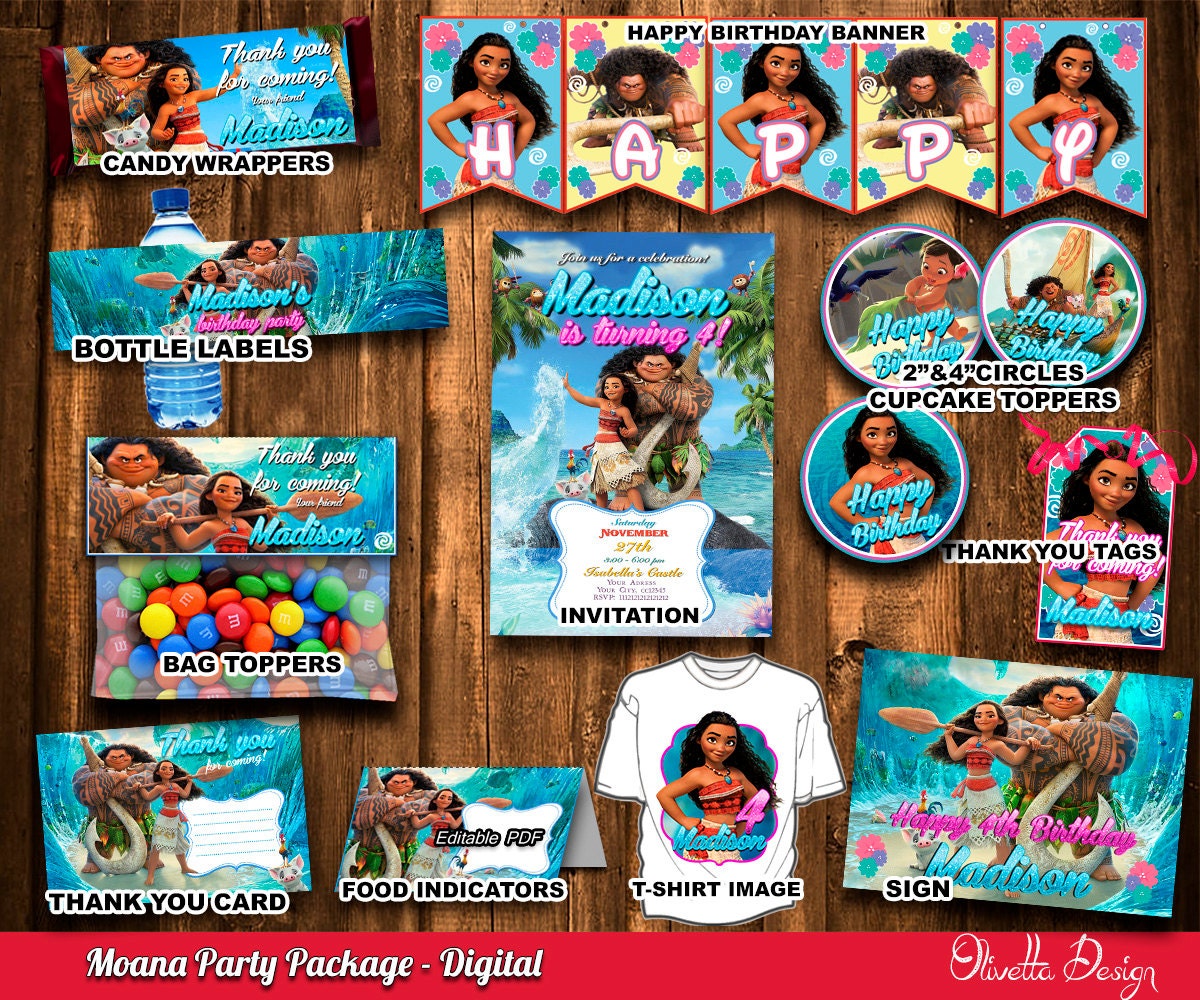 Moana Kit Imprimible para cumpleaños , Princesa Moana archivo Digital
