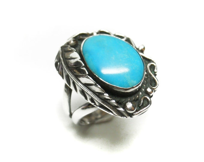 Storewide 25% Off SALE Vintage Navajo Sterling Silver Sleeping Beauty Turquoise Ring Featuring Elegant Inscribed Leaf Designs