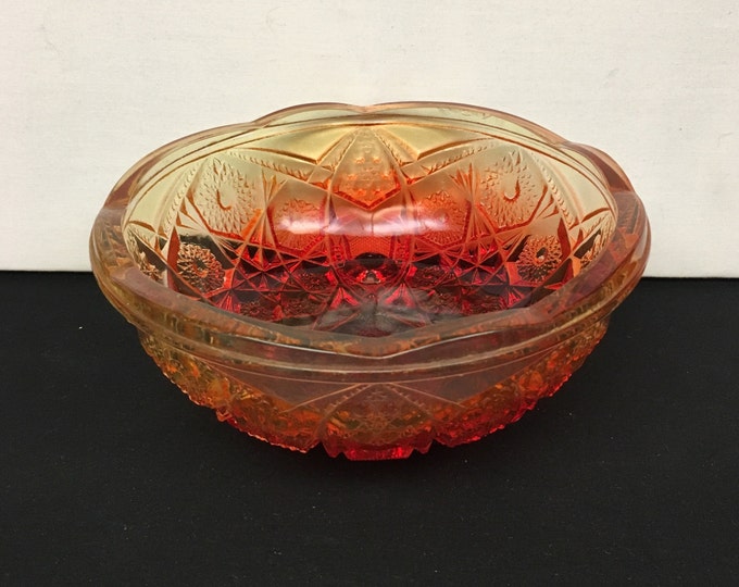 Storewide 25% Off SALE Vintage Floral Patterned Amberina Heavy Glass Footed Centerpiece Bowl Featuring Ruffled Edge Design