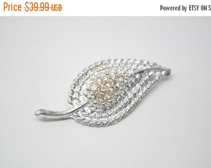 Storewide 25% Off SALE Fabulous Vintage Silver Tone Clear Rhinestone Ladies Designer Tree Leaf Brooch Featuring Elegant Textured Design