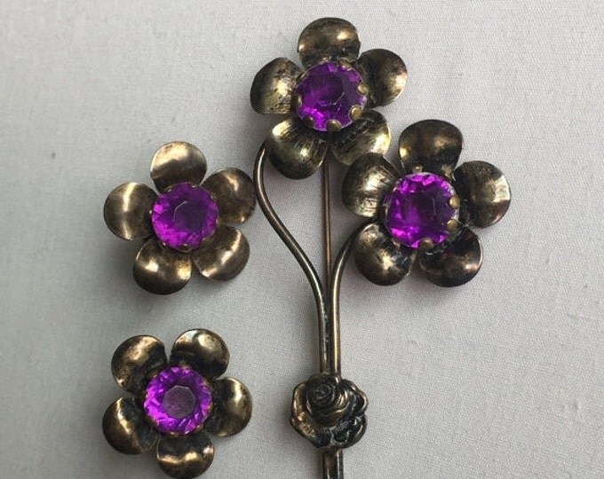 Storewide 25% Off SALE Vintage Sterling Silver Amethyst Rhinestone Floral Brooch & Matching Flower Inspired Screw Back Earrings