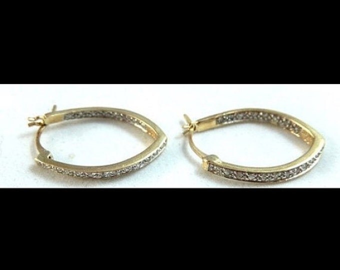 Storewide 25% Off SALE Vintage Matching 10k Gold Large Designer Hoop Earrings Featuring Channel Set White Diamonds With Classical Design