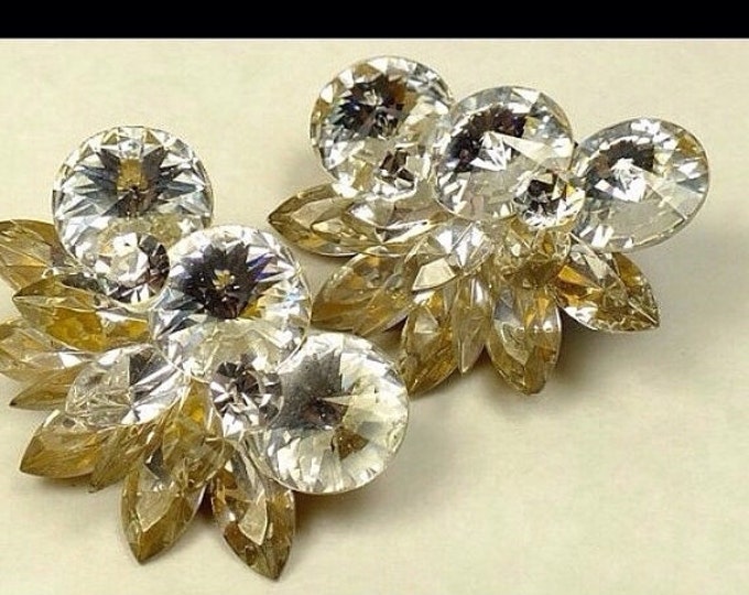 Storewide 25% Off SALE Vintage Gold Foiled Multi Faceted Rhinestone Designer Clip Earrings Featuring Clustered Floral Leaf Design