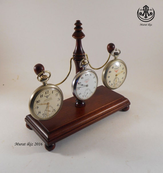 Wooden three pocket watch display/holder hand made Turkish