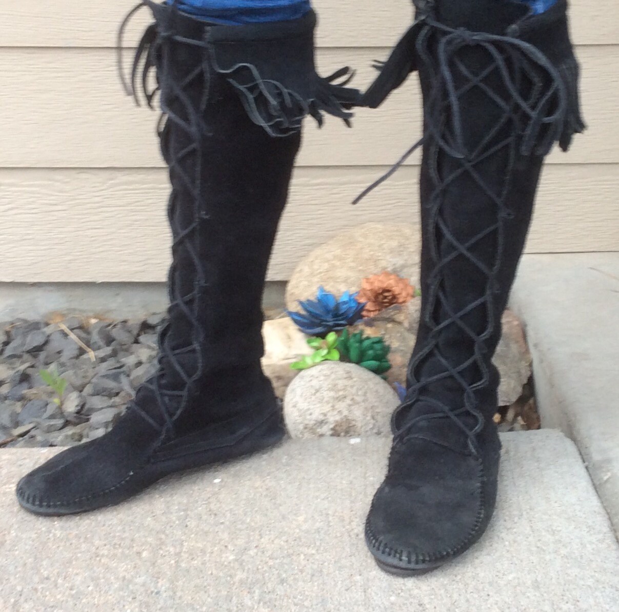 Vintage Fringe Moccasin Lace-Up Black Leather Boots Hippie