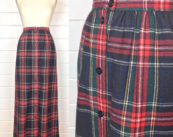 Vintage 1980s Pendleton Tartan Plaid Maxi Skirt / Button Front / Wool / Holiday