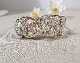Beautiful Vintage Gold Tone Crystal AB Rhinestone Clamper Bracelet DL#2421
