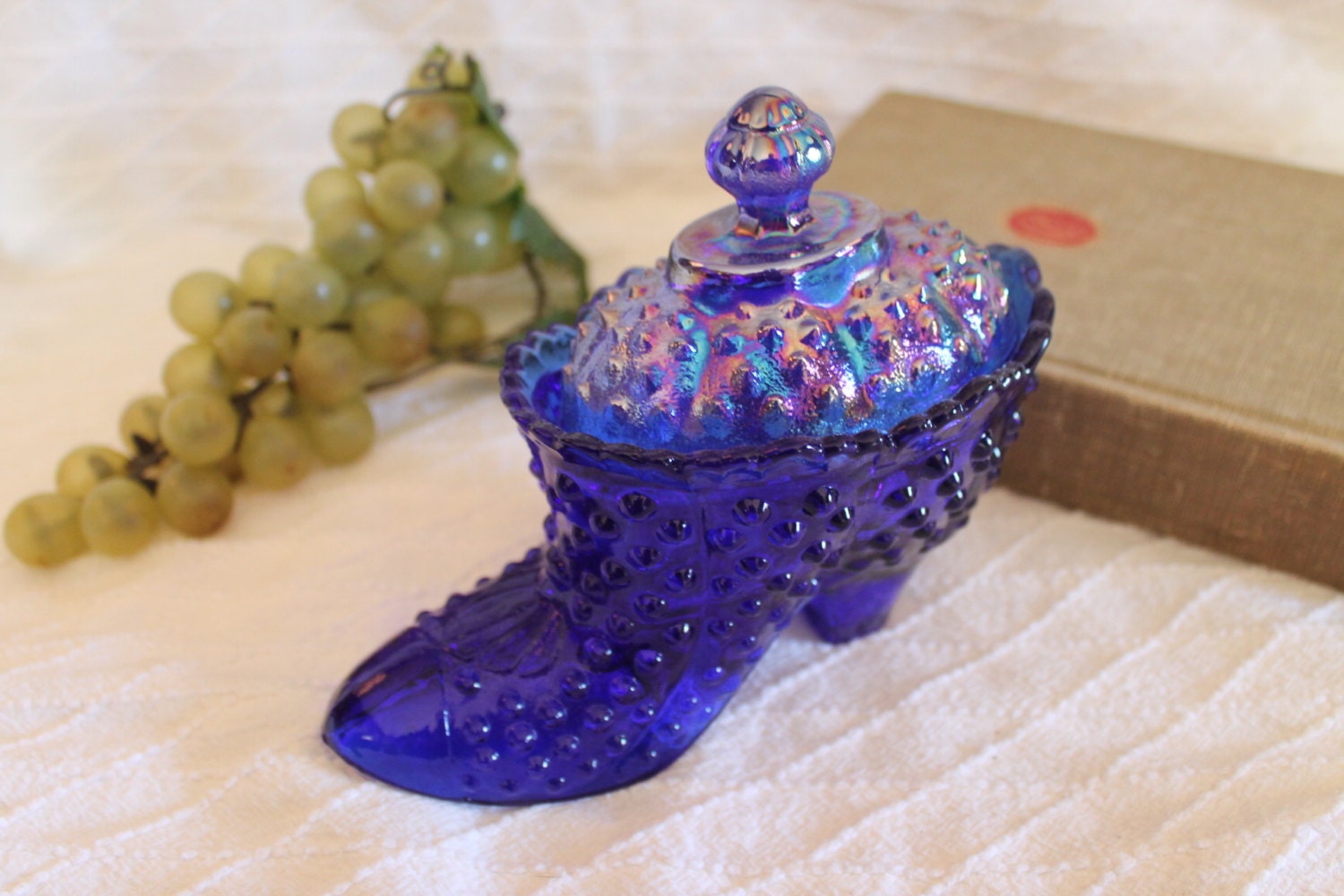 Fenton Glass Cobalt Blue Hobnail Slipper Shoe Trinket Box With