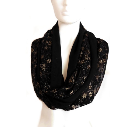 Black Gold Scarf Extra Long Scarf Chiffon Scarf Lace