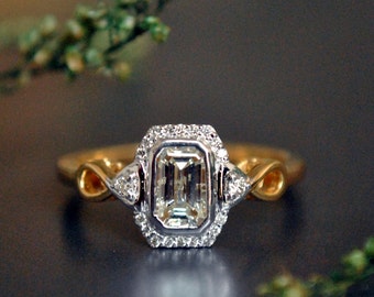 Emerald Cut Engagement Ring. 0.52 Ct Emerald Cut Diamond Solitaire Ring. 14K Gold Diamond Halo Ring. Infinity Edwardian Engagement Ring