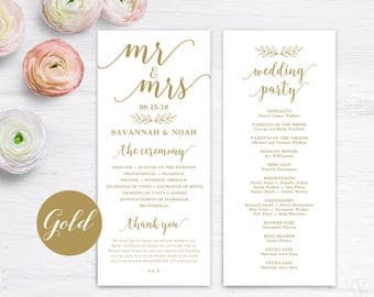 Printable Wedding Program Template, Gold Wedding Programs, DIY Wedding Programs, Editable Text, Tea Length, Modern Calligraphy, VW10GOLD
