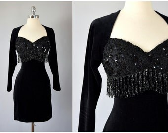 vintage 80s black sequin sweetheart bust velour spandex wiggle dress ⟢ vintage 1980s beaded fringe velour bombshell dress ⟢ vtg 80s dress