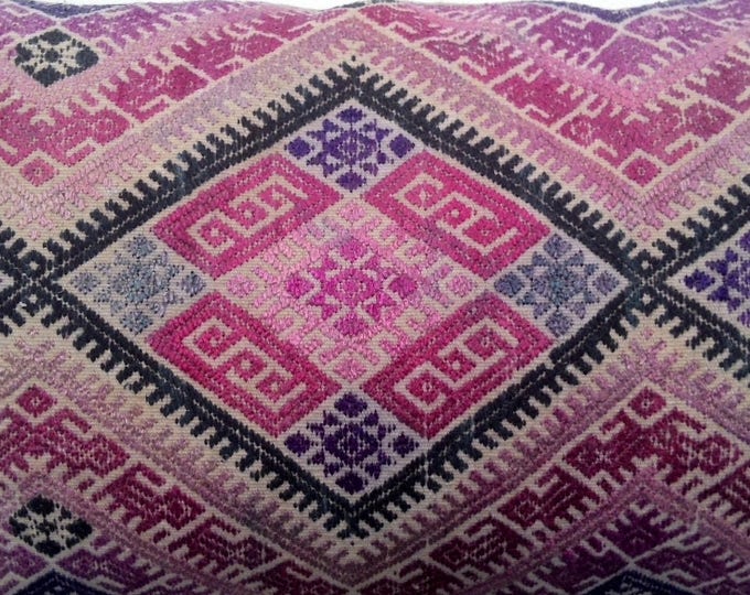 11,5"x24" Vintage Chinese Wedding Blanket Long Lumbar Pillow Cover / Boho Pink Tan and Indigo Ethnic Dowry Textile / Handwoven Silk Cushion