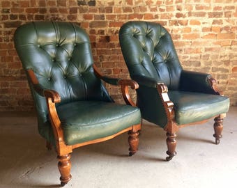 Antique Leather Armchairs Pair Library Chairs Victorian Mahogany Button Back