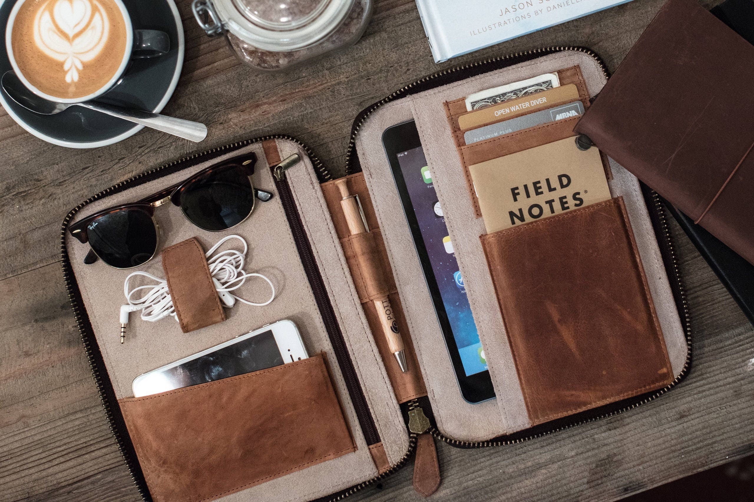 LEATHER TRAVEL WALLET medium iPad Mini Kindle folio passport