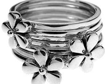 Sterling Silver Seven Band Daisy Flower Stacking Ring