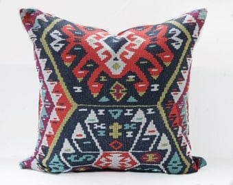 Kilim pillow cover - Gray and Red Pillow - Charcoal pillow - Red kilim pillow - Tribal pillow - Kilim print pillow - Boho Pillow -