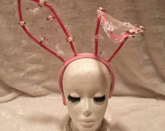 Pink Lace Bunny Ears with Crystals and Pink and White Flowers. Burlesque Cabaret Vintage Costume Accessory