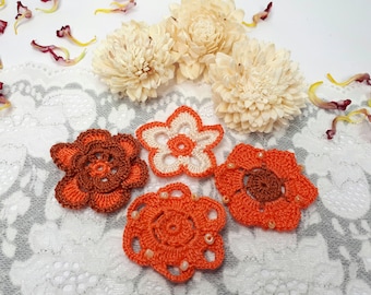4 orange lace flowers, crochet flowers, orange crochet appliques, scrapbook flowers, orange patch flowers, embroidered lace embellishments