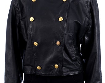 Vintage leather jacket with gold buttons - 80s vintage jacket - size XL - oversize look - black leather - jacket with stand-up collar