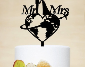 Travel themed Wedding Cake Topper, Mr & Mrs Cake Topper, Airplane Cake Topper, Personalized travelling Bride and Groom Cake Topper P169