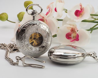Custom Engraved Silver Skeleton Pocket Watch - Gift Boxed PW-17-M