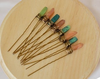 Green Agate and Orange Quartz Crystal Hair Pins, Nature Inspired Hair Accessories