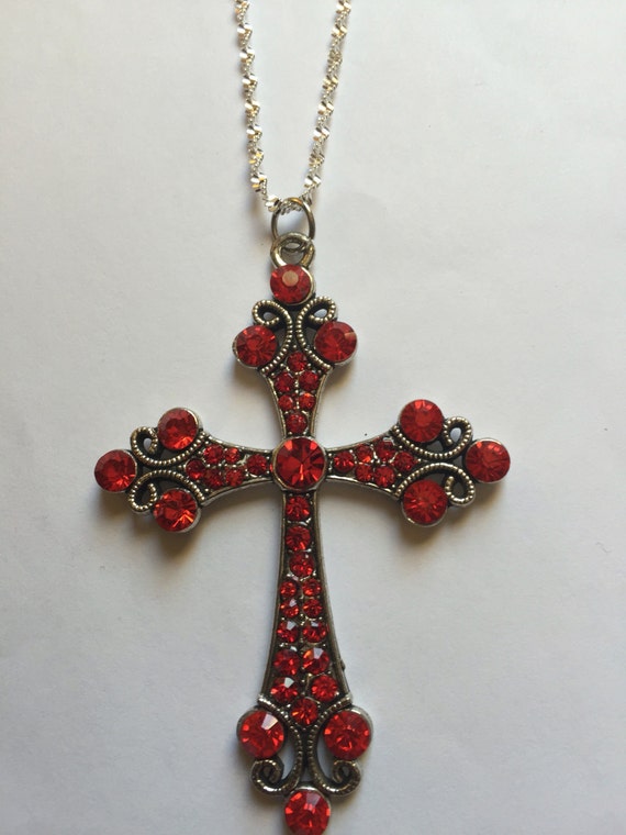 Large Red Crystals Cross Pendant Necklace