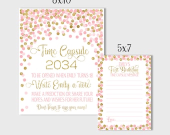 Time Capsule Sign First Birthday Confetti Pink And Gold Time Capsule Sign Time Capsule Sign & Message Cards 1st Birthday Time Capsule