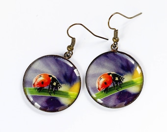 Purple earrings Ladybug earrings Flower earrings Summer jewelry Nature jewelry Unusual earring Woodland jewelry-for-girl gift-for-girlfriend