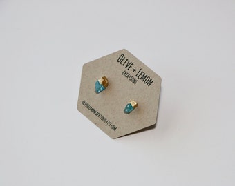 Blue Apatite Earrings - Gold Apatite Earrings - Gold Leaf Gemstone Earrings - Dainty Boho Earrings - Sterling Silver Stud Earrings