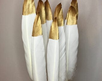 Hand Painted Gold Tipped White Goose Feathers 4 - 6" Long - Great for weddings, crafts, jewellery, millenary + dream catcher making! Natural