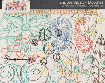 Doodles, illustrations, boho hippie handdrawn digital scrapbooking elements instant download, hearts paisley peace signs scribbles
