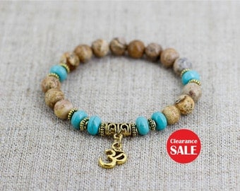 Ohm bracelet Turquoise bracelet Boho jewelry Jasper bracelet Balance bracelet Healing stones Yoga jewelry Her birthday gift for sister gift