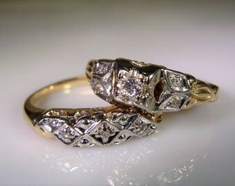 1940s, Wedding Ring Set, Bridal Ring Set, 14K Gold Rings, Art Deco Wedding Rings, Engagement Ring, Wedding Band, Vintage Rings – Size 6.5