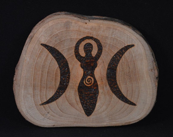 Found Wood Triple Moon Goddess Symbol with pyrography design