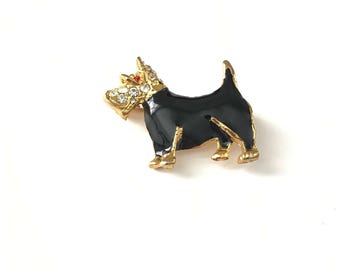 Vintage Gold Plated Black Enamel and Rhinestone Scottie Dog Brooch