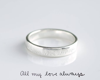 Actual Handwriting Engraved Ring, Personalized Fingerprint Band, Custom Silver Memorial Jewelry, Engagement ring, 4mm Sterling Silver