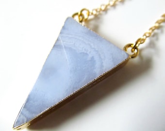 Chalcedony Necklace - Pale Blue Stone Pendant - Gold Plated Geometric Gem - Gemstone Jewelry - Boho Jewelry - Gold Plated Chain - Gem Jewels