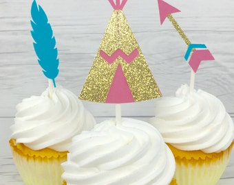Boho cupcake toppers, teepee cupcake toppers, feather cupcake toppers, arrow cupcake toppers, aztec party, boho party, pow wow