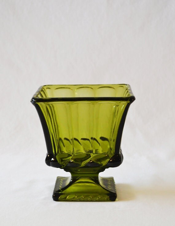Vintage Green Glass Rectangle Pedestal Vase