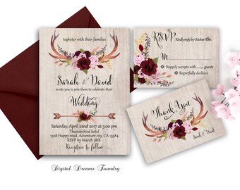 Boho Wedding Invitation Printable Set Rustic Wedding Invitation with Antlers Marsala Floral Wedding Invitation Blush Pink Rose Wedding