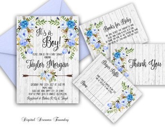 Boho Baby Boy Shower Invitation Printable Floral Baby Shower Invitations Blue Baby Invitation Its a Boy Baby Shower Invitation Rustic Baby