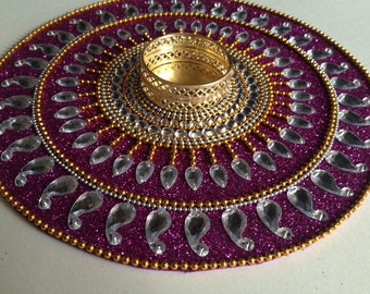 Kundan rangoli, Tealight candle holder, mandala decor, meditation room decor, purple decor,Temple accessory, Indian wedding decor, big diya