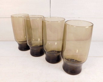 Vintage Set of 4 Smoked Glass Drinking Glasses, Retro Glassware, Mid Century