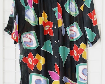 Vintage Oversize 90s Blouse transparent Shirt All Over Flower Print Size One Size